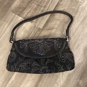 Talbots Blk Beaded EUC Handbag Leather Trim Floral Design
